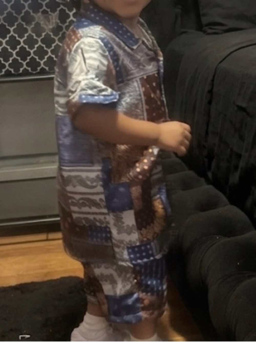 Patchwork Print Kids Romper - Blue & Brown - Picture 2 of 2